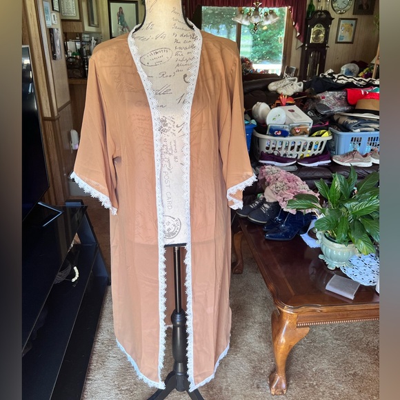 NWT LuLaRoe Womens Chloe Kimono Sz S Brown w White Lace Trim Short Sleeve NWT - Picture 12 of 16